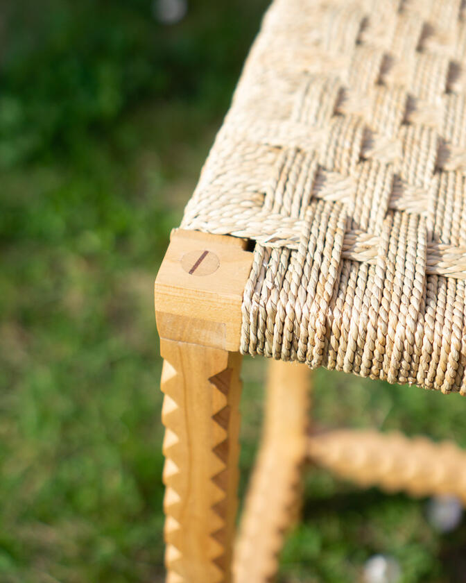 zag stool A stool made of solid european cherry wood and a handwoven seat of braided seagrass designed and made by Liam Barwick