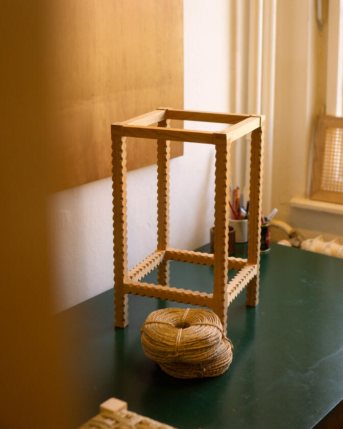 zag stool A stool made of solid european cherry wood and a handwoven seat of braided seagrass designed and made by Liam Barwick