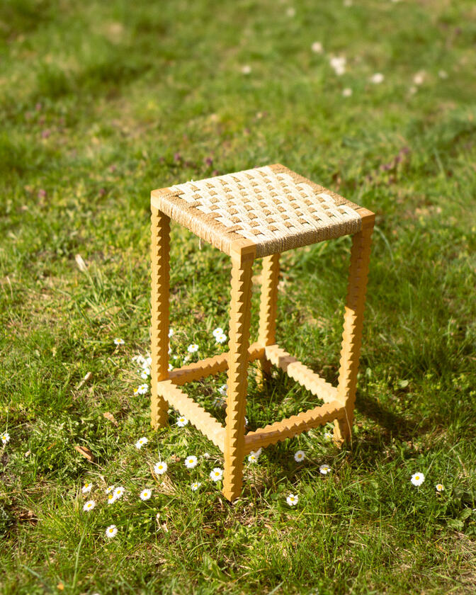zag stool A stool made of solid european cherry wood and a handwoven seat of braided seagrass designed and made by Liam Barwick