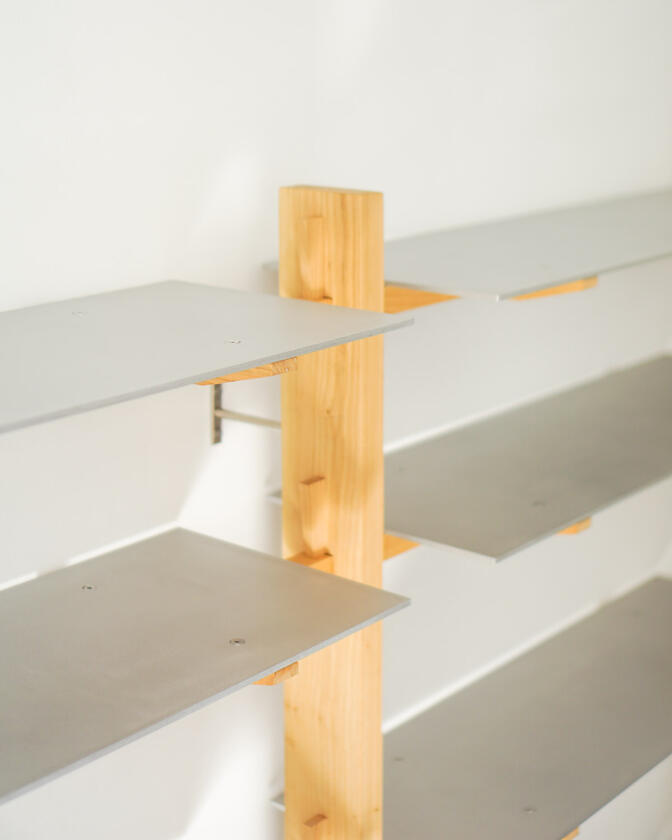 alu studio shelf Wall shelf constructed of solid european cherry and hand brushed aluminium shelving designed and made by Liam Barwick