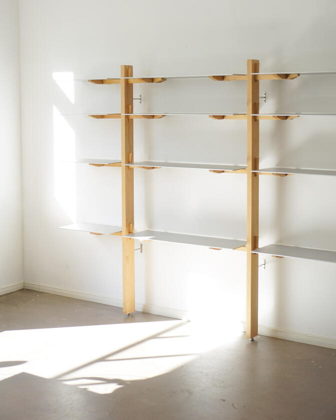 alu studio shelf Wall shelf constructed of solid european cherry and hand brushed aluminium shelving designed and made by Liam Barwick