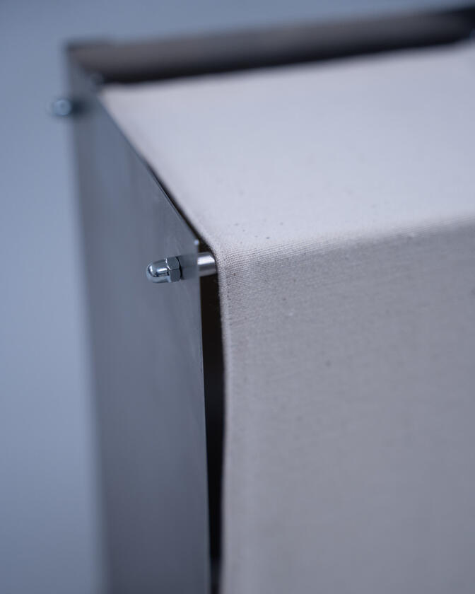 lamp 001 A table lamp constructed of a raw steel exterior and a soft organic cotton canvas diffuser. Designed and constructed by Liam Barwick