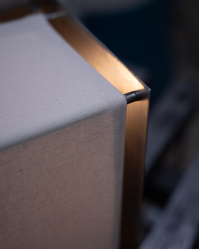 lamp 001 A table lamp constructed of a raw steel exterior and a soft organic cotton canvas diffuser. Designed and constructed by Liam Barwick