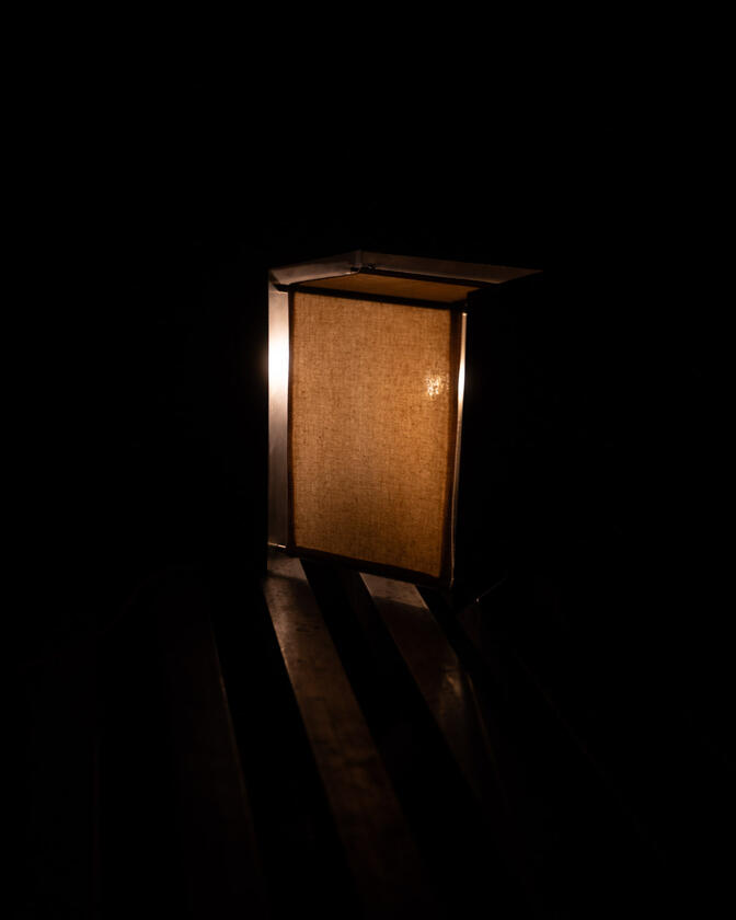 lamp 001 A table lamp constructed of a raw steel exterior and a soft organic cotton canvas diffuser. Designed and constructed by Liam Barwick