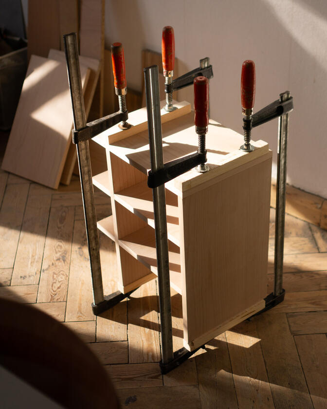 bedside A small bedside table made of beech veneer designed and made by Liam Barwick