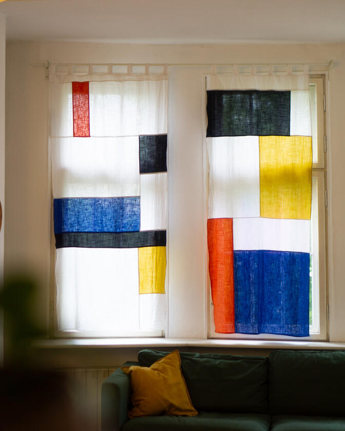 curtains A set of colourful linen curtains in the traditional korean patchwork style of pojagi, designed and made by Liam Barwick